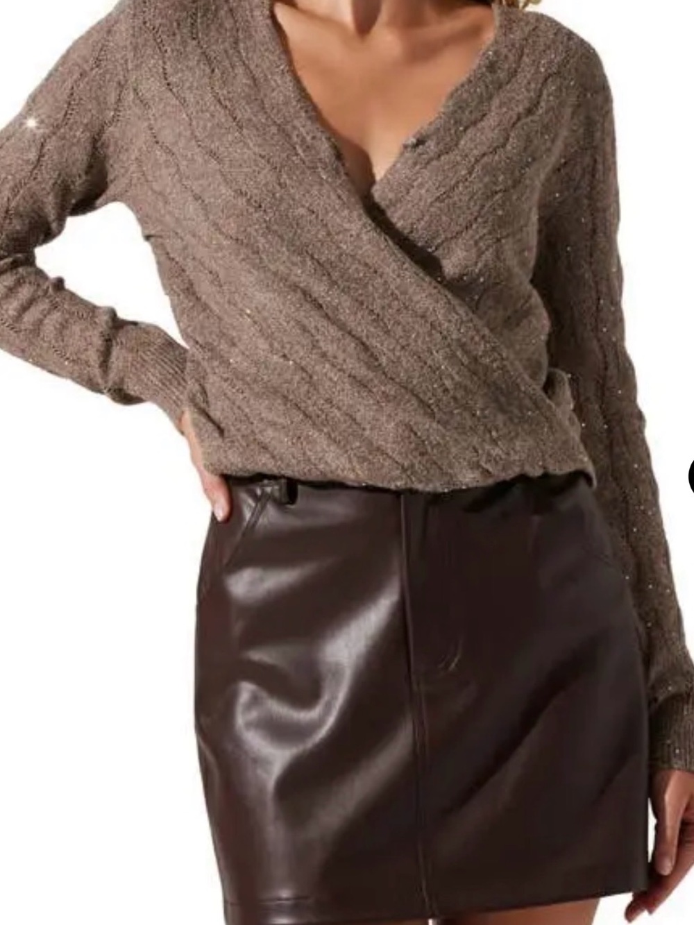 ASTR the Label Metallic Sequin Cable Stitch Sweater, Fawn, XL